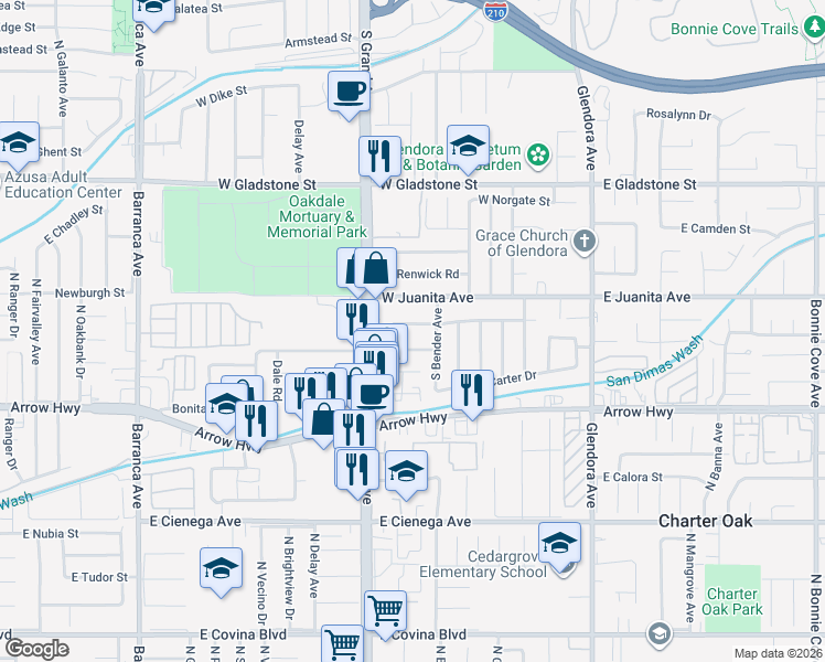 map of restaurants, bars, coffee shops, grocery stores, and more near 433 Fleetwood Place in Glendora