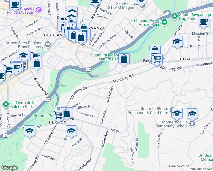 map of restaurants, bars, coffee shops, grocery stores, and more near 25 Short Way in South Pasadena