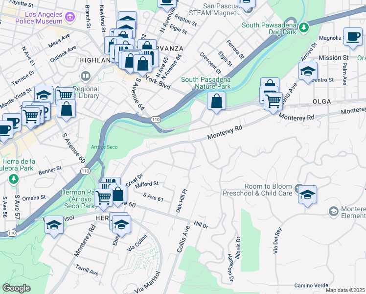 map of restaurants, bars, coffee shops, grocery stores, and more near 25 Short Way in South Pasadena