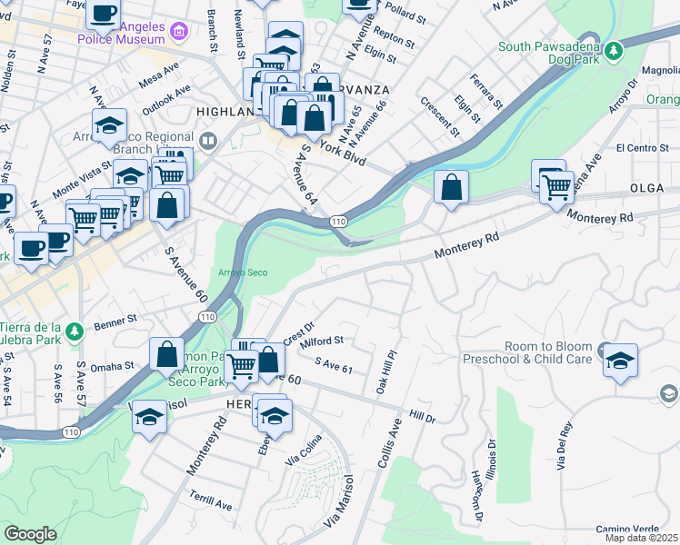 map of restaurants, bars, coffee shops, grocery stores, and more near 6336 Monterey Road in Los Angeles
