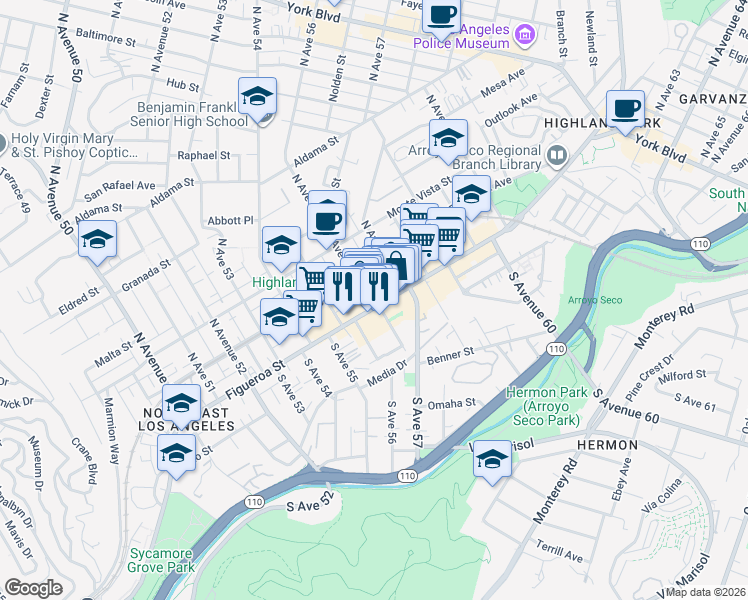 map of restaurants, bars, coffee shops, grocery stores, and more near 5577 North Figueroa Street in Los Angeles