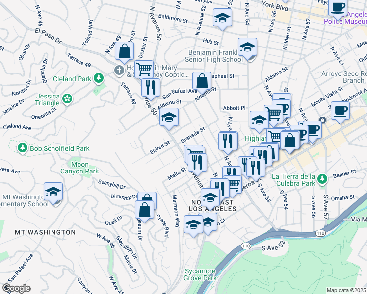 map of restaurants, bars, coffee shops, grocery stores, and more near 423 1/2 North Avenue 50 in Los Angeles