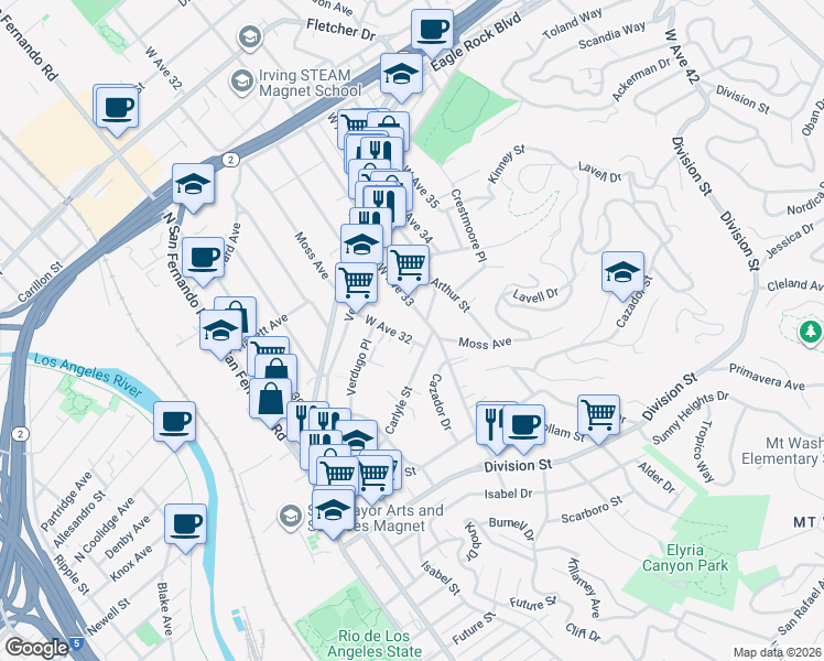 map of restaurants, bars, coffee shops, grocery stores, and more near 2412 West Avenue 32 in Los Angeles