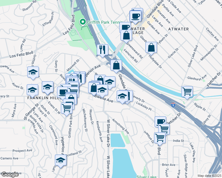 map of restaurants, bars, coffee shops, grocery stores, and more near 2720 1/2 Auburn Street in Los Angeles