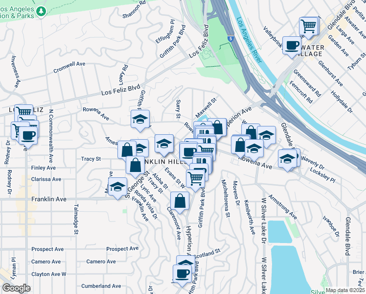 map of restaurants, bars, coffee shops, grocery stores, and more near 2820 Griffith Park Boulevard in Los Angeles