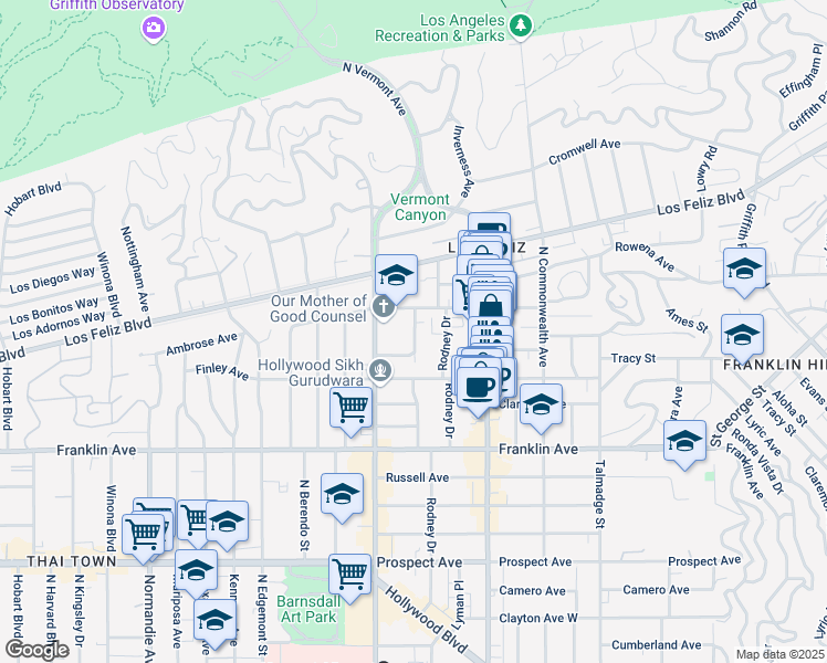 map of restaurants, bars, coffee shops, grocery stores, and more near 2024 1/2 Dracena Drive in Los Angeles