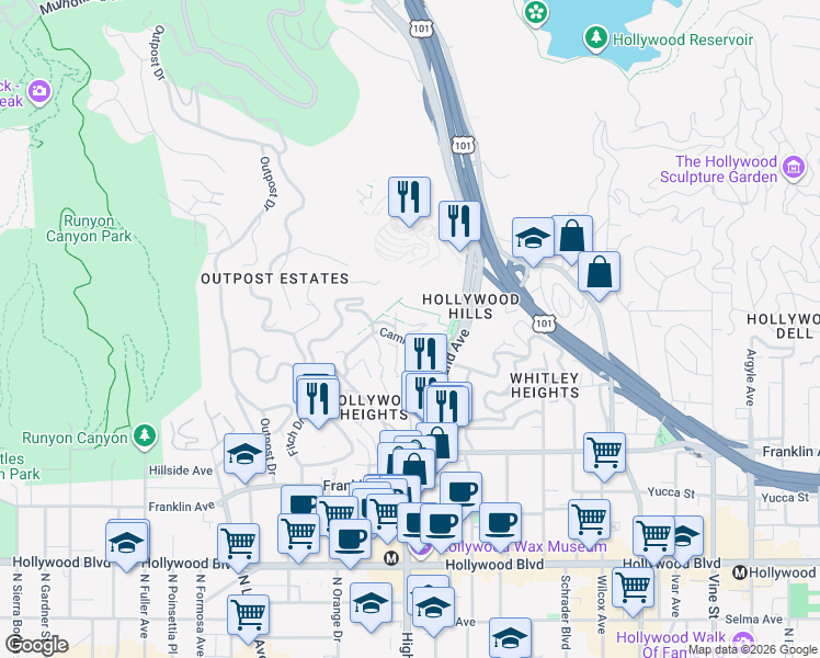map of restaurants, bars, coffee shops, grocery stores, and more near 6830 Camrose Drive in Los Angeles
