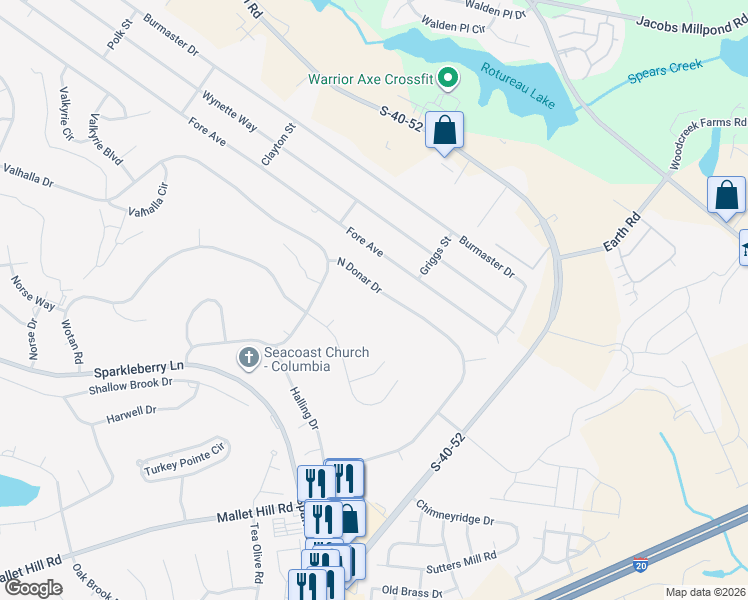 map of restaurants, bars, coffee shops, grocery stores, and more near 549 North Donar Drive in Columbia