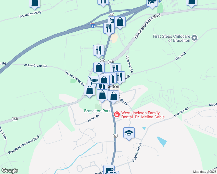 map of restaurants, bars, coffee shops, grocery stores, and more near 5812 Hackberry Lane in Braselton