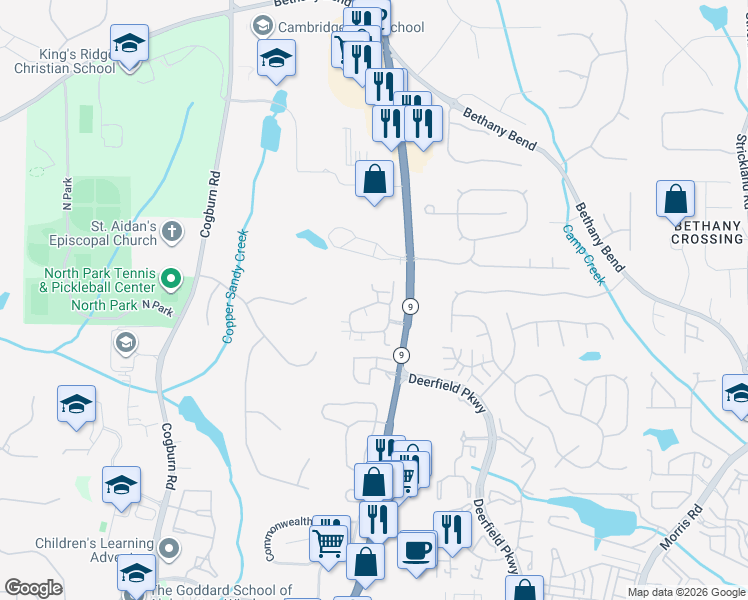 map of restaurants, bars, coffee shops, grocery stores, and more near 2985 Oakside Circle in Alpharetta