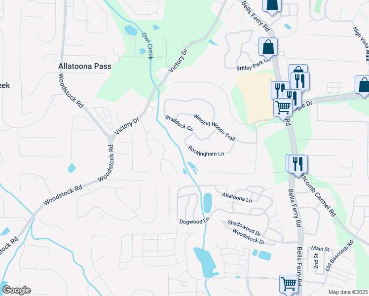 map of restaurants, bars, coffee shops, grocery stores, and more near 425 Rockingham Lane in Woodstock