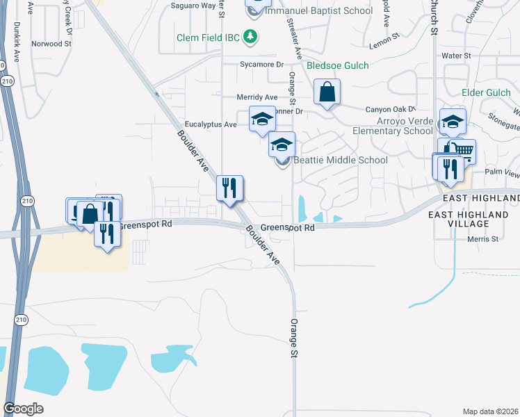map of restaurants, bars, coffee shops, grocery stores, and more near 28405 Wild Rose Lane in Highland