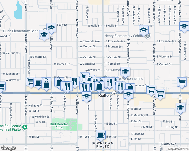 map of restaurants, bars, coffee shops, grocery stores, and more near 146 West Ramona Drive in Rialto