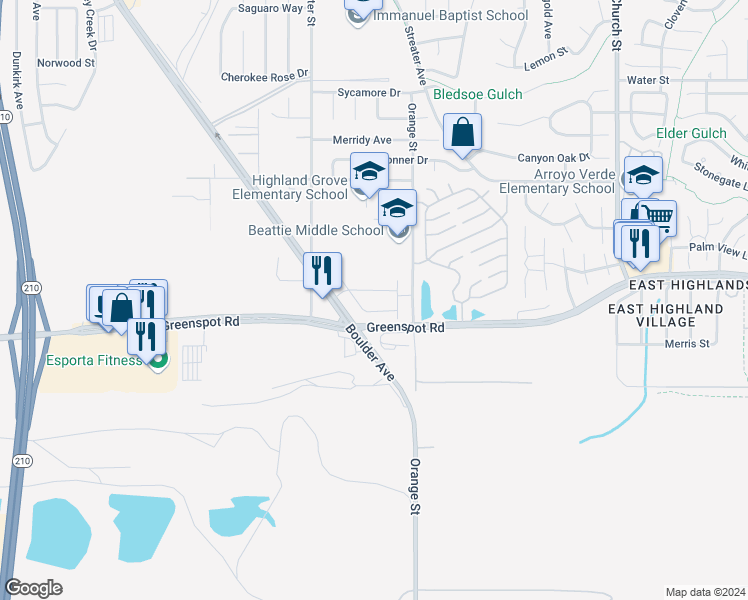 map of restaurants, bars, coffee shops, grocery stores, and more near 28433 Wild Rose Lane in Highland