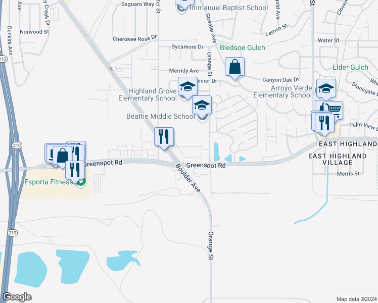 map of restaurants, bars, coffee shops, grocery stores, and more near 28429 Wild Rose Lane in Highland