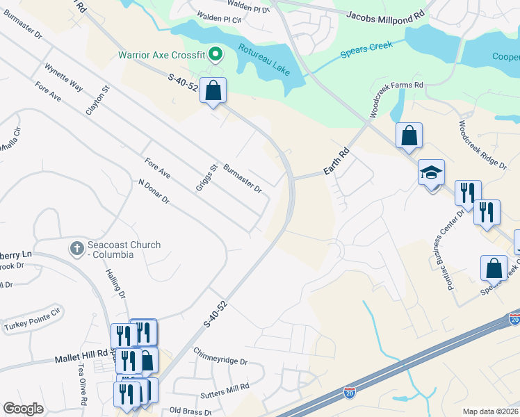 map of restaurants, bars, coffee shops, grocery stores, and more near 737 Wynette Way in Columbia