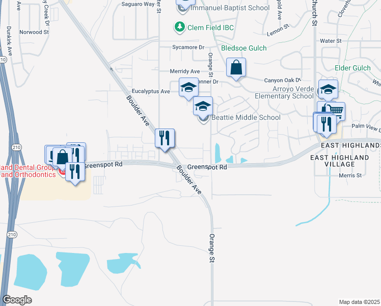 map of restaurants, bars, coffee shops, grocery stores, and more near 28433 Wild Rose Lane in Highland