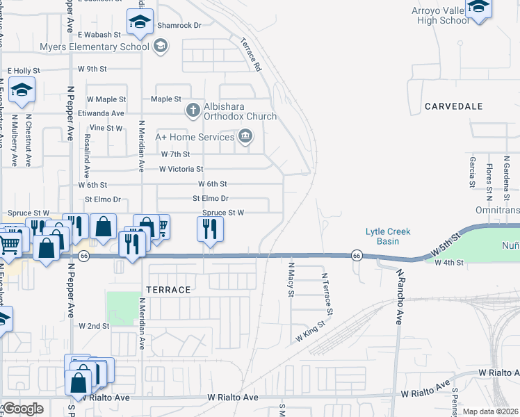 map of restaurants, bars, coffee shops, grocery stores, and more near 2399 Spruce Street West in San Bernardino