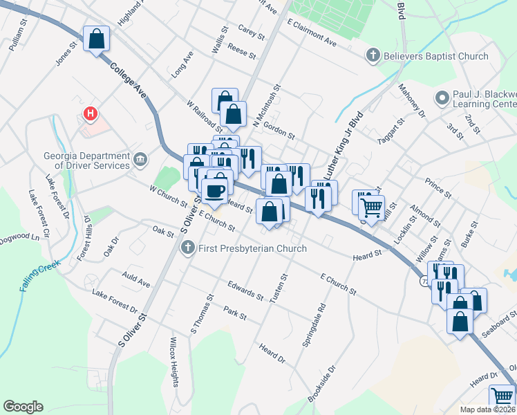 map of restaurants, bars, coffee shops, grocery stores, and more near 218 Heard Street in Elberton
