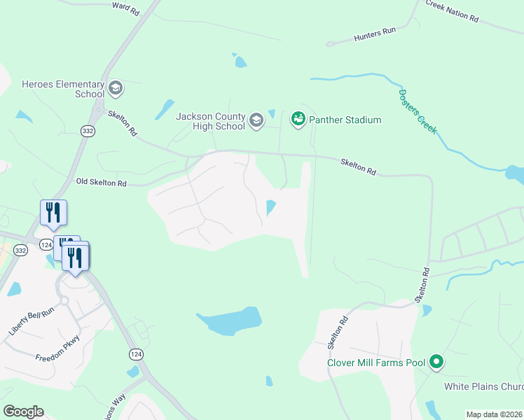 map of restaurants, bars, coffee shops, grocery stores, and more near 258 Braselton Farms Drive in Hoschton