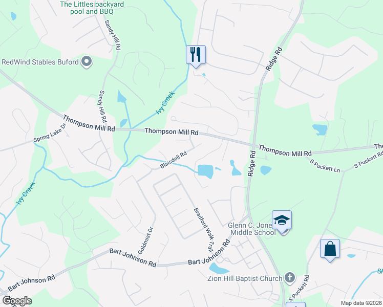 map of restaurants, bars, coffee shops, grocery stores, and more near 3361 Blaisdell Road in Buford