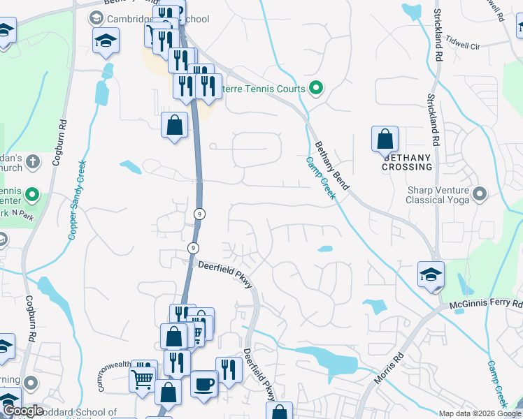 map of restaurants, bars, coffee shops, grocery stores, and more near 13375 Avensong Ives Way in Alpharetta