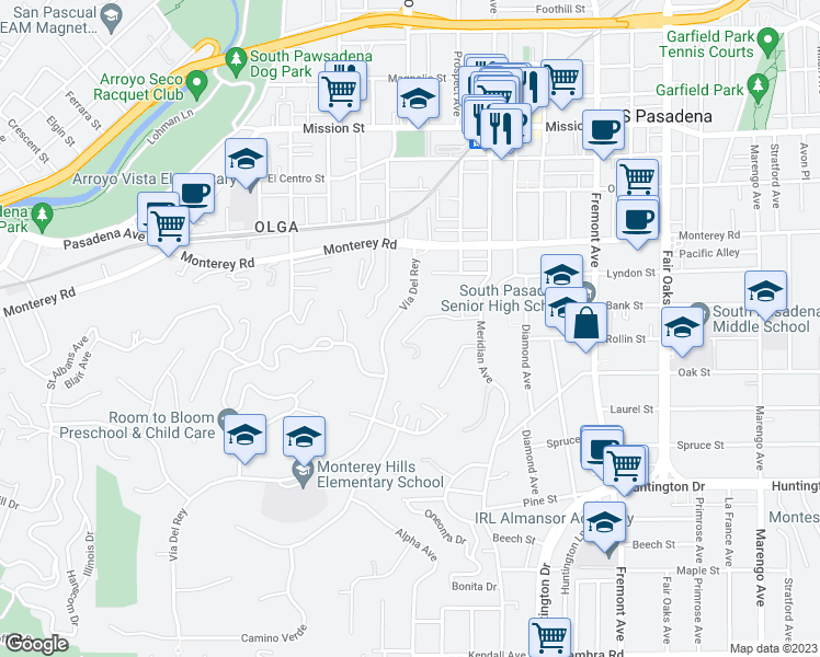 map of restaurants, bars, coffee shops, grocery stores, and more near 818 Bank Street in South Pasadena