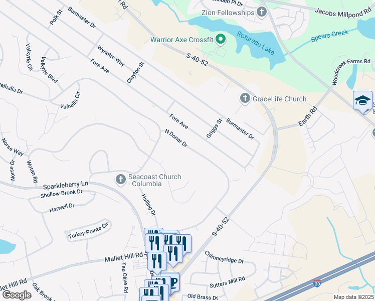 map of restaurants, bars, coffee shops, grocery stores, and more near 549 North Donar Drive in Columbia