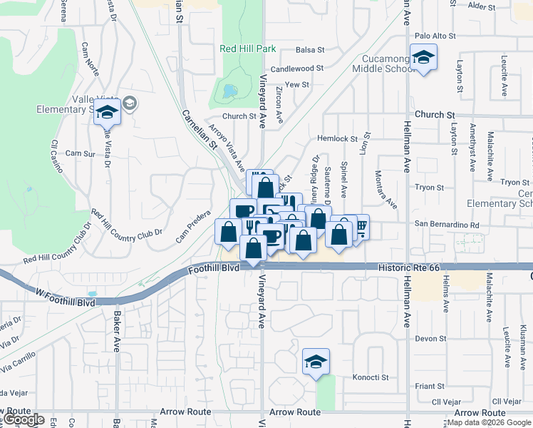 map of restaurants, bars, coffee shops, grocery stores, and more near 7985 Vineyard Avenue in Rancho Cucamonga