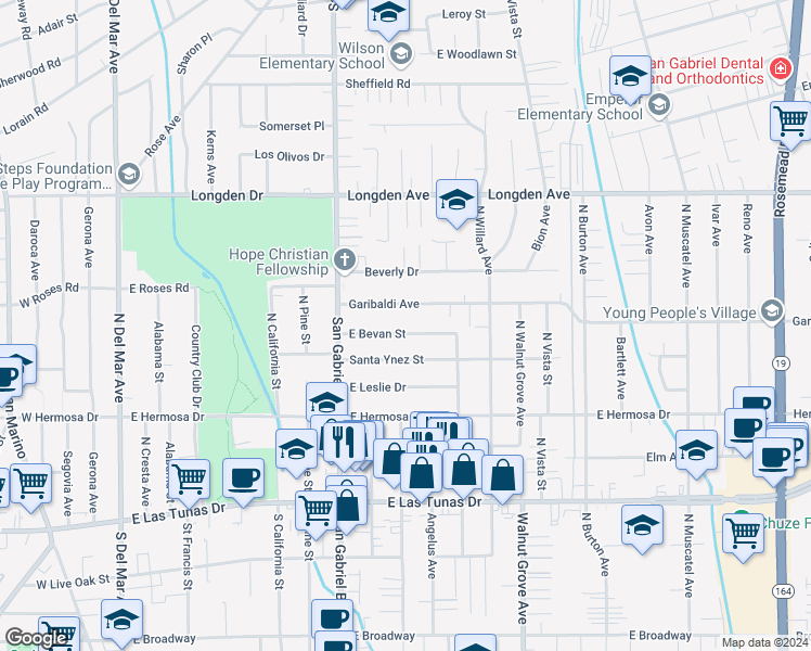 map of restaurants, bars, coffee shops, grocery stores, and more near 8309 East Bevan Street in San Gabriel