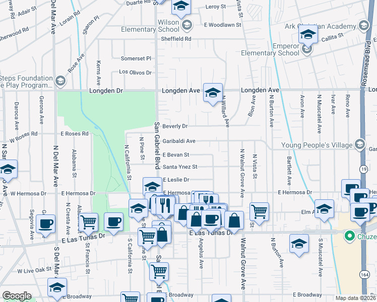 map of restaurants, bars, coffee shops, grocery stores, and more near 8259 East Santa Ynez Street in San Gabriel