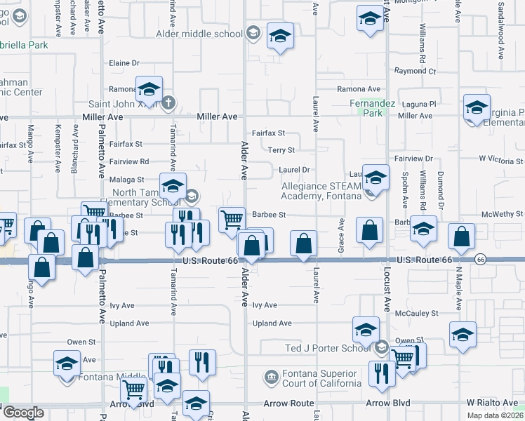 map of restaurants, bars, coffee shops, grocery stores, and more near 17765 Barbee Street in Fontana