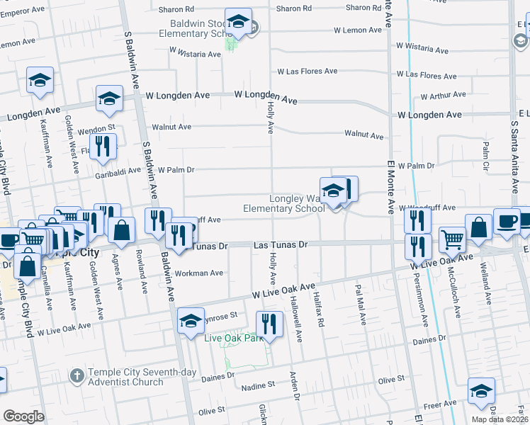 map of restaurants, bars, coffee shops, grocery stores, and more near 409 West Woodruff Avenue in Arcadia