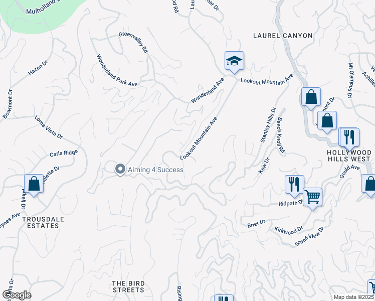 map of restaurants, bars, coffee shops, grocery stores, and more near 8725 Lookout Mountain Avenue in Los Angeles