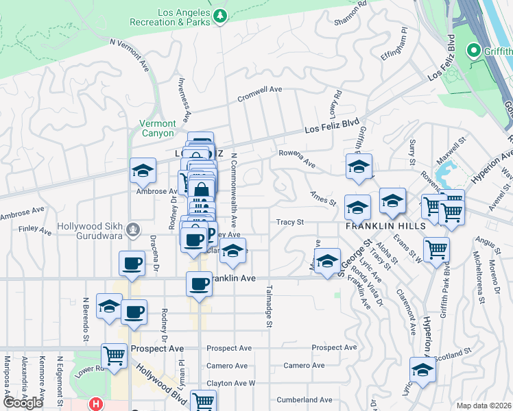 map of restaurants, bars, coffee shops, grocery stores, and more near 4325 Price Street in Los Angeles