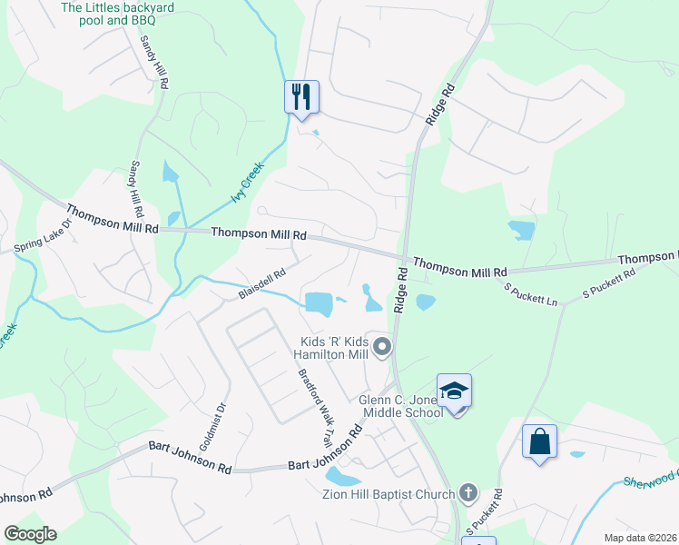 map of restaurants, bars, coffee shops, grocery stores, and more near 3830 Thompson Mill Road in Buford
