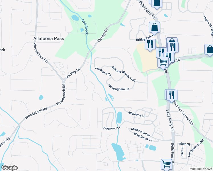 map of restaurants, bars, coffee shops, grocery stores, and more near 425 Rockingham Lane in Woodstock