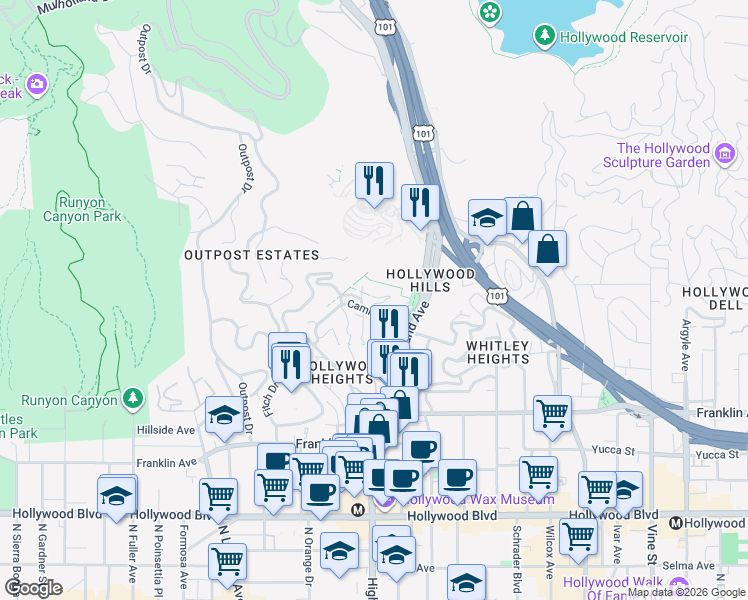 map of restaurants, bars, coffee shops, grocery stores, and more near 6830 Camrose Drive in Los Angeles
