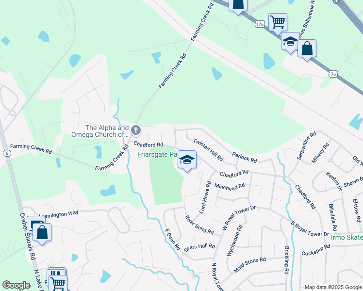 map of restaurants, bars, coffee shops, grocery stores, and more near 1521 Chadford Road in Irmo