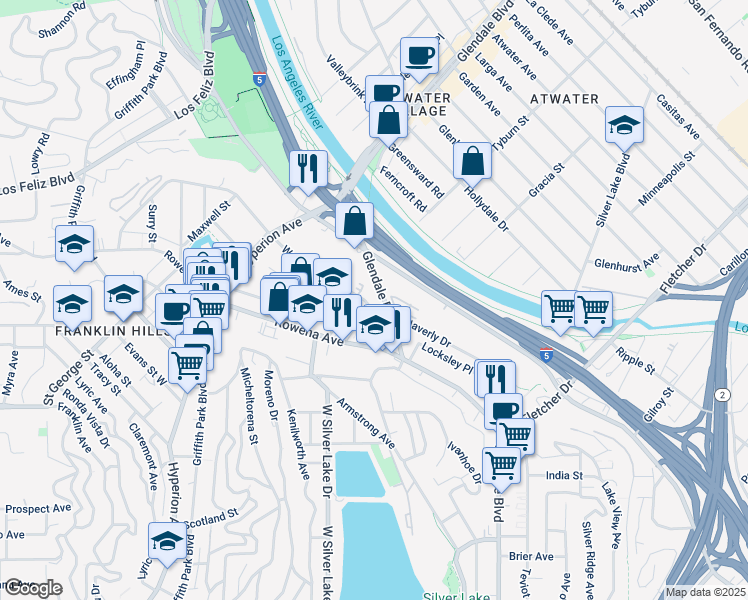 map of restaurants, bars, coffee shops, grocery stores, and more near 2818 1/2 Waverly Drive in Los Angeles