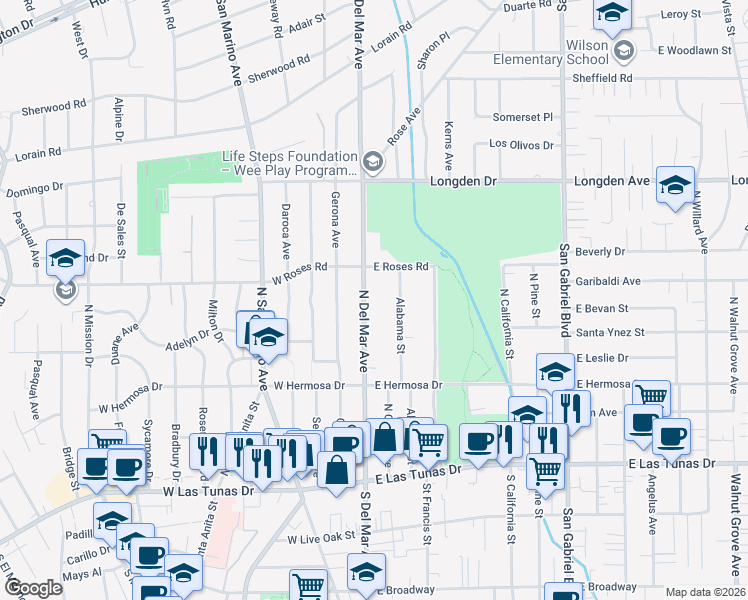 map of restaurants, bars, coffee shops, grocery stores, and more near 428 North Del Mar Avenue in San Gabriel