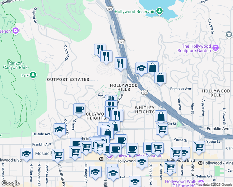 map of restaurants, bars, coffee shops, grocery stores, and more near 6828 Alta Loma Terrace in Los Angeles