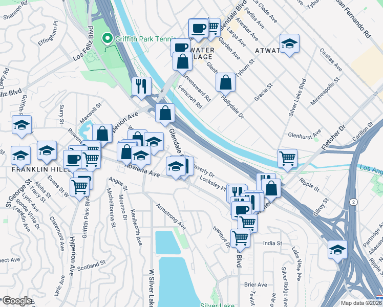 map of restaurants, bars, coffee shops, grocery stores, and more near 103 Waverly Drive in Los Angeles