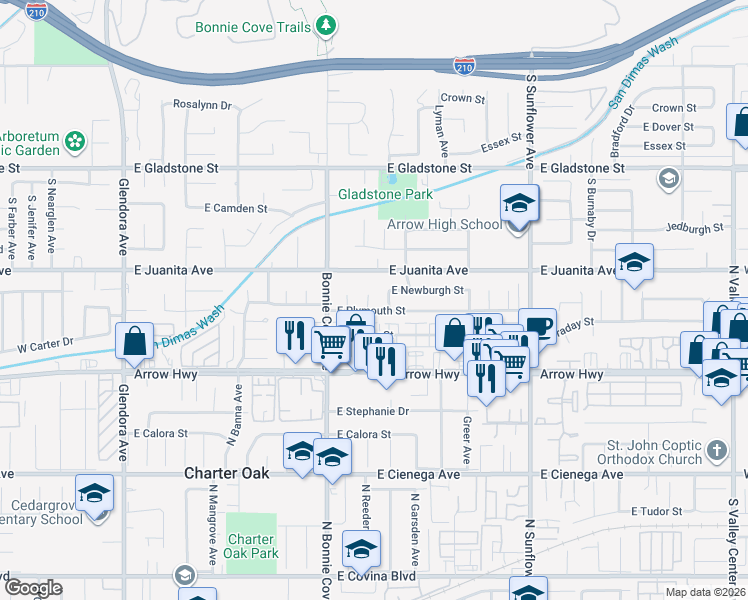 map of restaurants, bars, coffee shops, grocery stores, and more near 1636 Bentley Place in Glendora