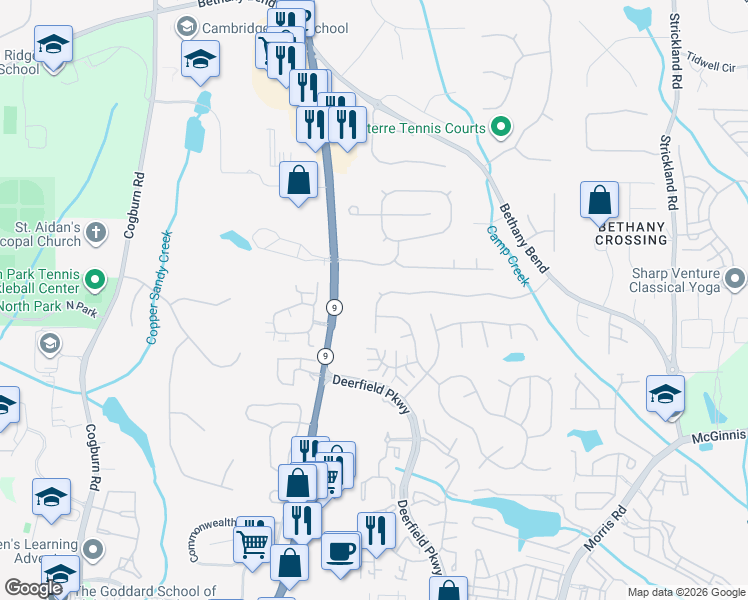 map of restaurants, bars, coffee shops, grocery stores, and more near 3021 Serenade Court in Alpharetta
