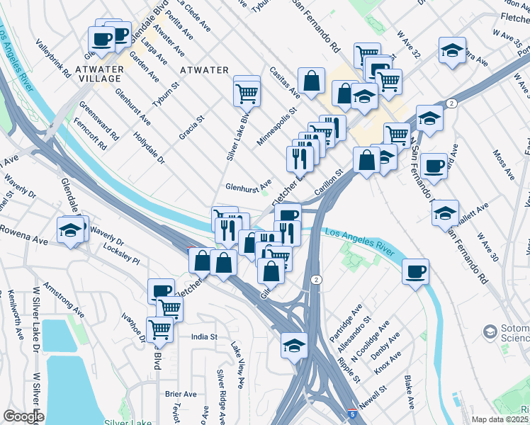 map of restaurants, bars, coffee shops, grocery stores, and more near Fletcher Drive in Los Angeles