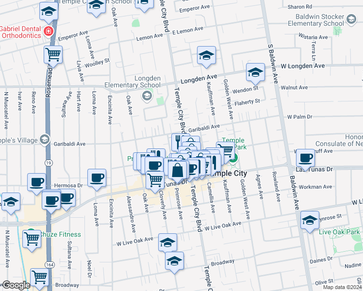 map of restaurants, bars, coffee shops, grocery stores, and more near 6031 Temple City Boulevard in Temple City