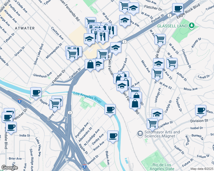map of restaurants, bars, coffee shops, grocery stores, and more near 2744-2770 North San Fernando Road in Los Angeles