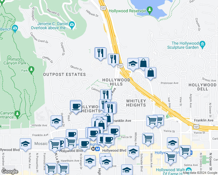 map of restaurants, bars, coffee shops, grocery stores, and more near 6830 Alta Loma Terrace in Los Angeles