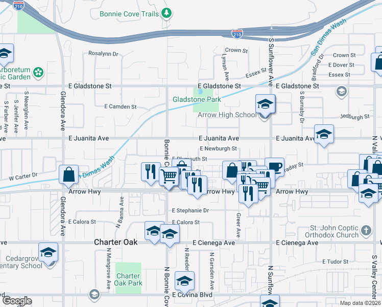 map of restaurants, bars, coffee shops, grocery stores, and more near 1636 Bentley Place in Glendora